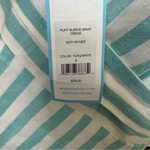 Draper James Women’s Puff Sleeve Turquoise White Striped Wrap Dress Size S NWT - Picture 13 of 14